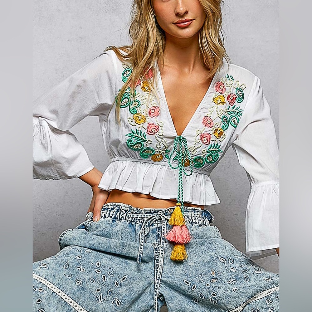 Ivory V-Neck Embroidered Top